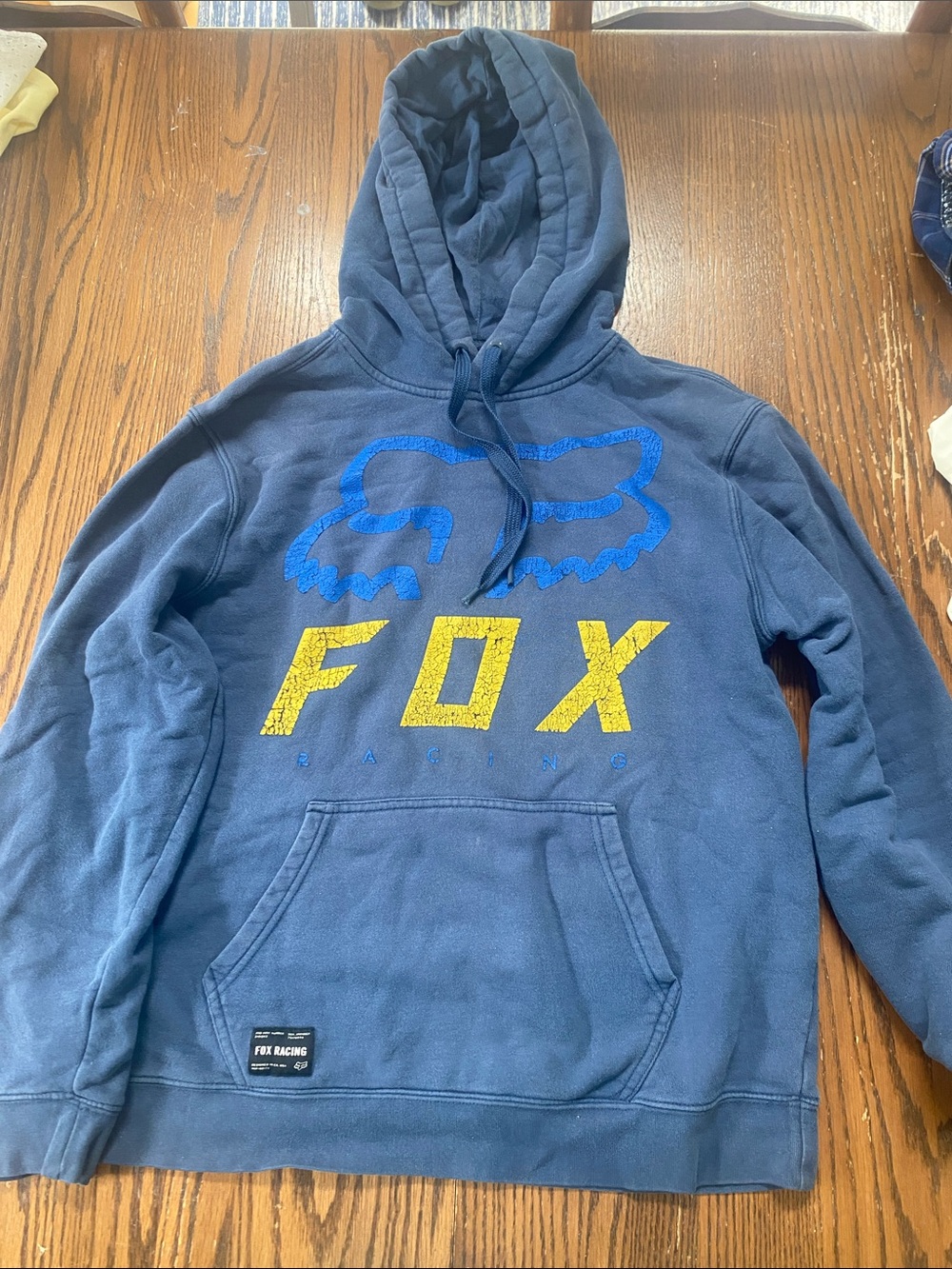 Fox Racing faded Navy Blue Hoodie with Yellow & Blue Logo